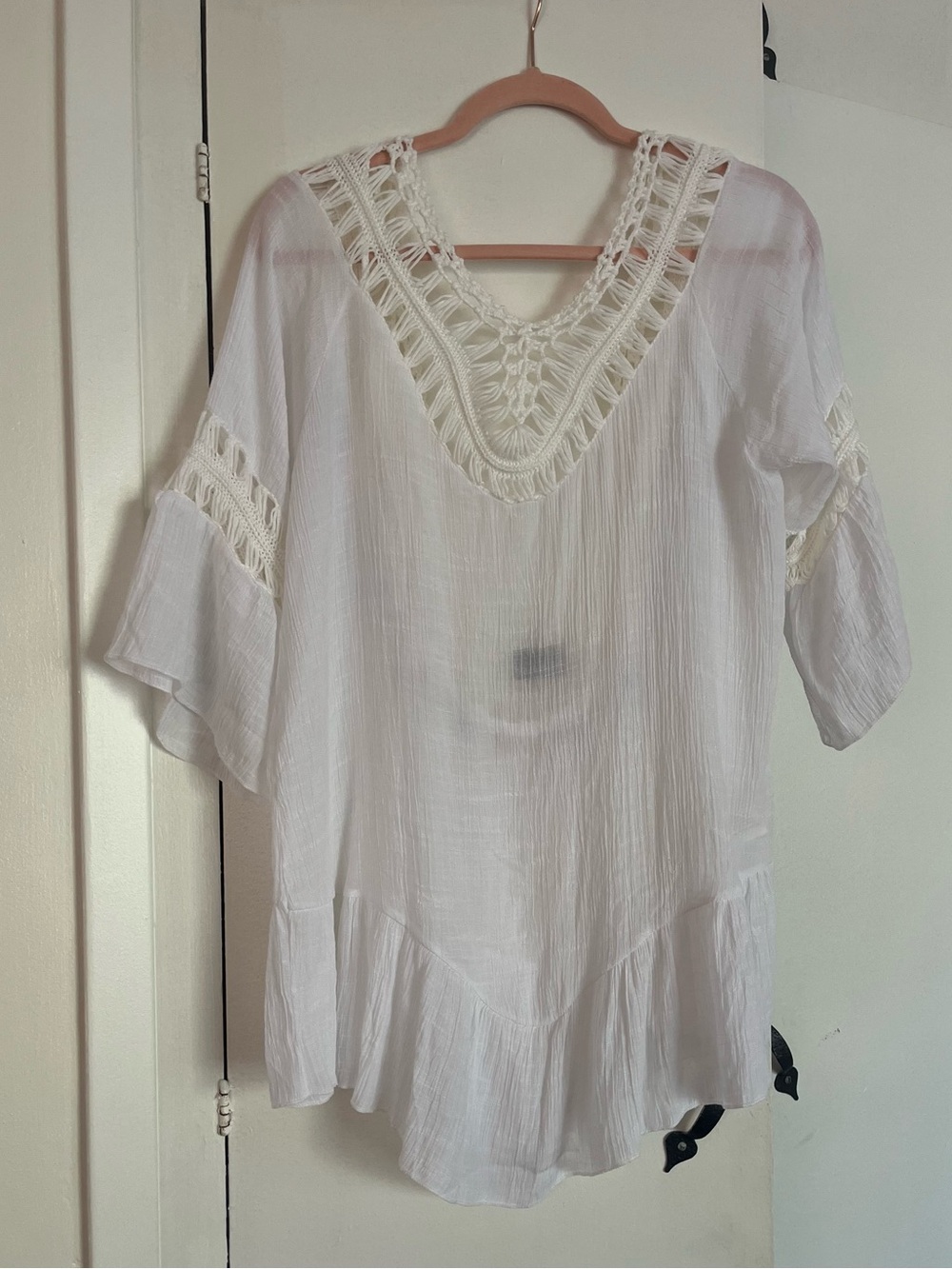 White swim coverup crochet detail